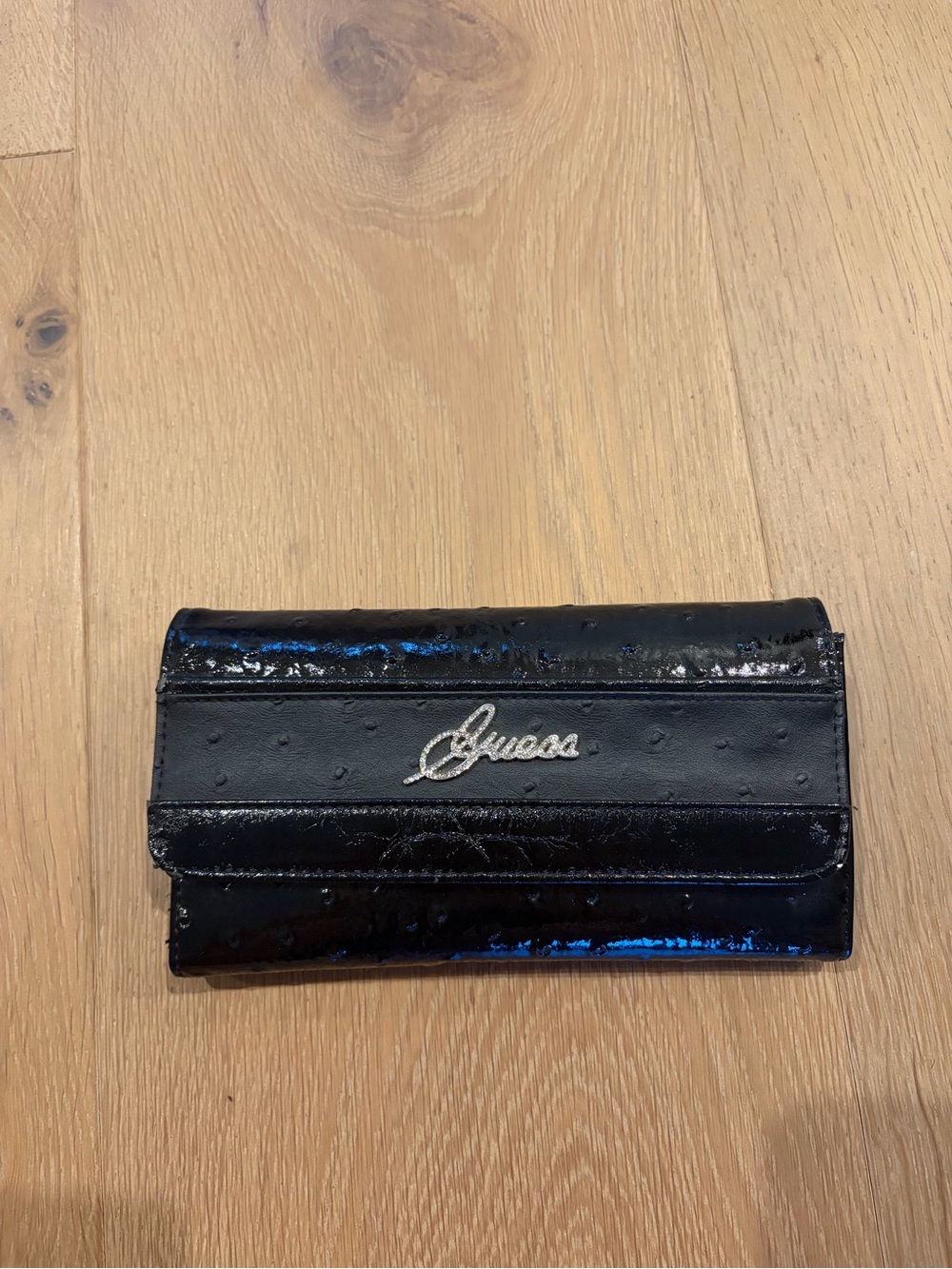 Guess Black Patent Trifold Clutch Wallet with Silver Crystal Logo